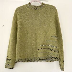 Vtg Nomadic Traders Sweater Women's M Green Embroidered Artisan Artsy Silk Blend